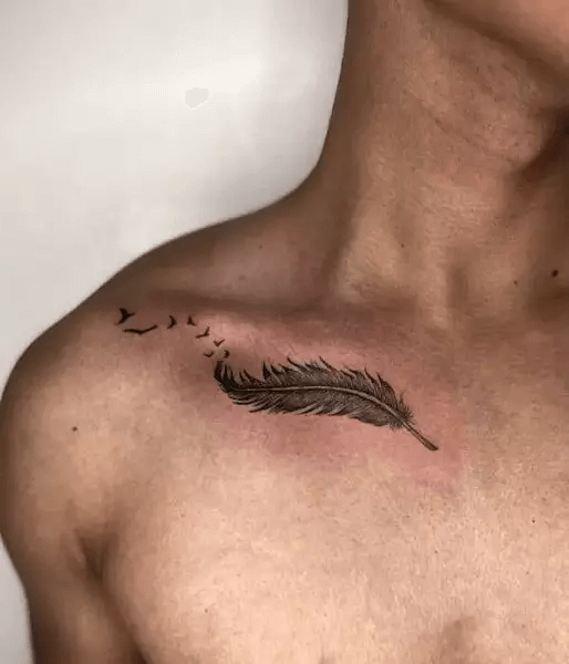 The Latest Trendy Collarbone Tattoos for Men 2024 18 Feather Tattoo On Collarbone-11