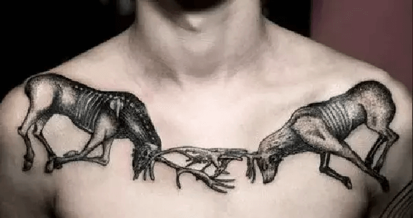 The Latest Trendy Collarbone Tattoos for Men 2024 22 Deer Fight collarbone tattoos for men