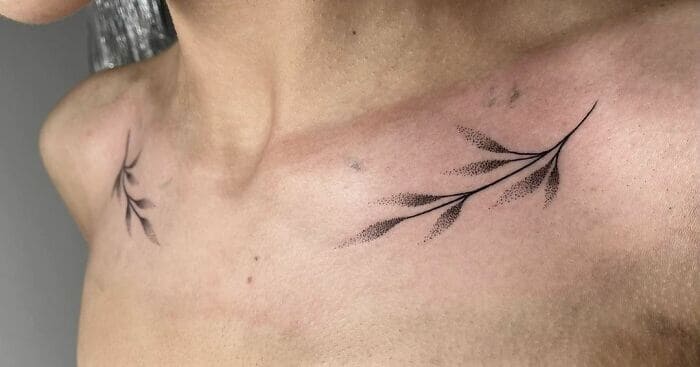 The Latest Trendy Collarbone Tattoos for Men 2024 10 Dotted Leaves On Collarbone Tattoo-3