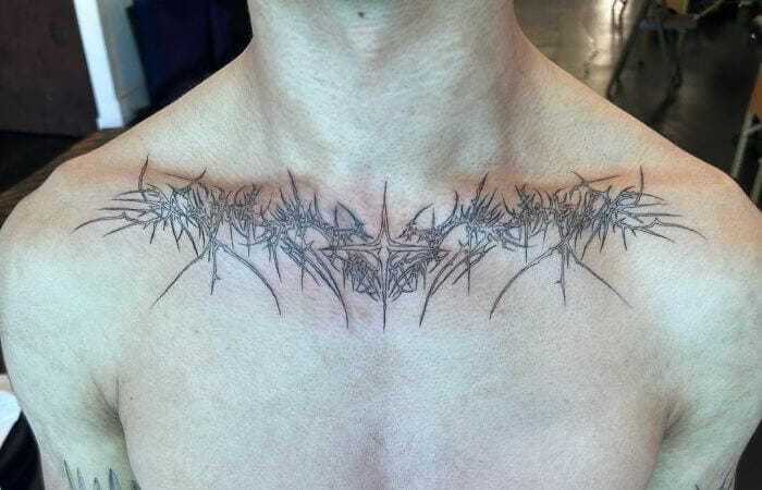 The Latest Trendy Collarbone Tattoos for Men 2024 9 Aggrogoth Style Collarbones Tattoo-2