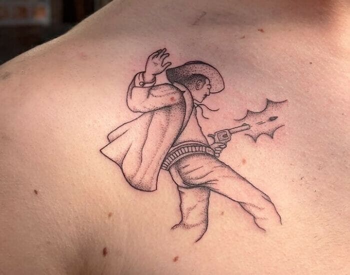 The Latest Trendy Collarbone Tattoos for Men 2024 11 Cowboy Shootout Tattoo